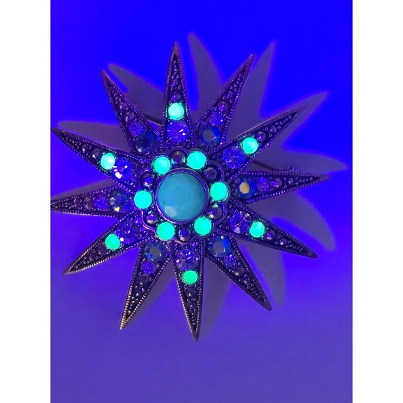 Monet Vintage Domed Starburst Brooch Uranium Glass Rhinestones Green AB Glow - Picture 3 of 5